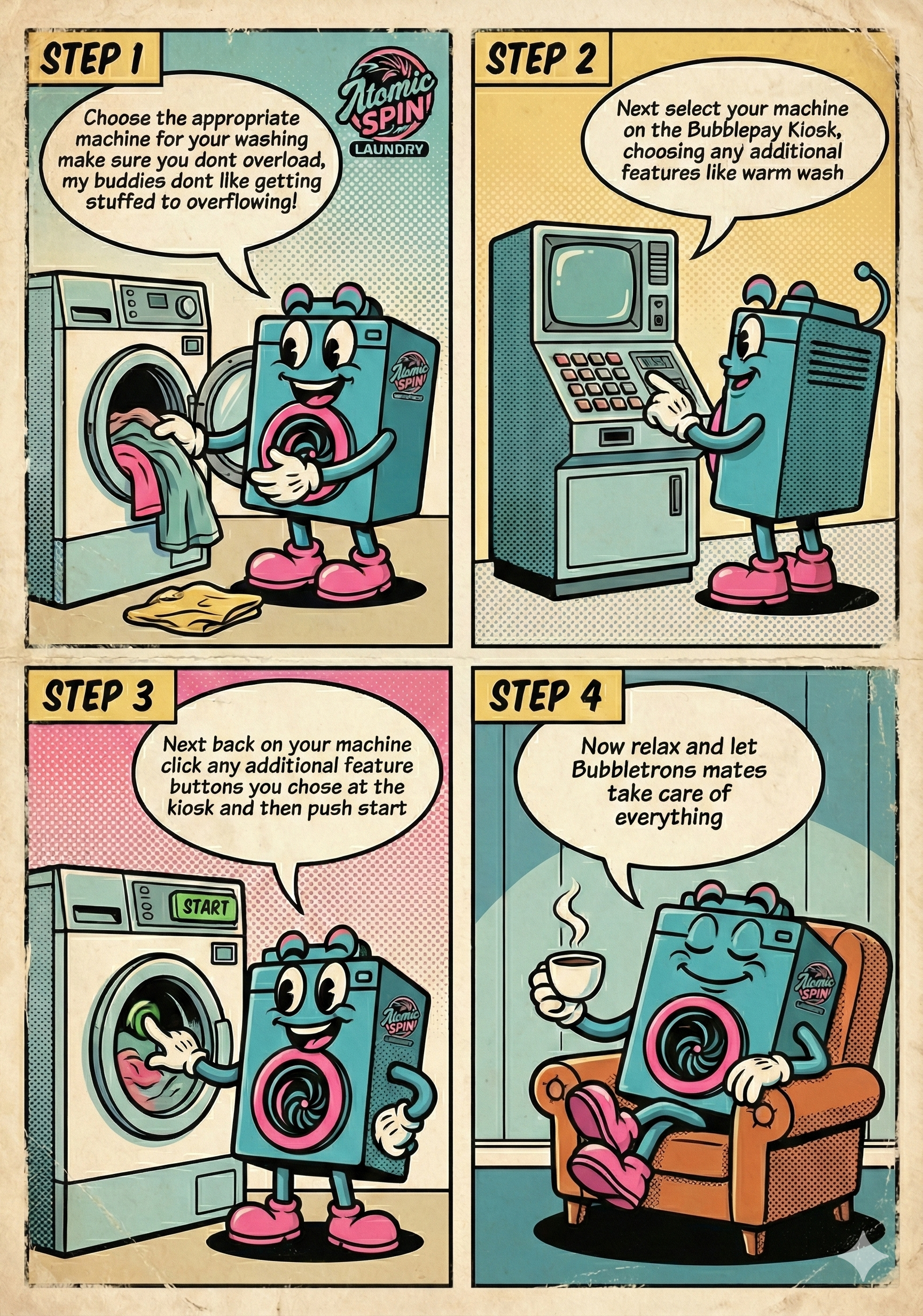 Guide: 1. Load Machine, 2. Pay at Kiosk, 3. Press Start, 4. Relax